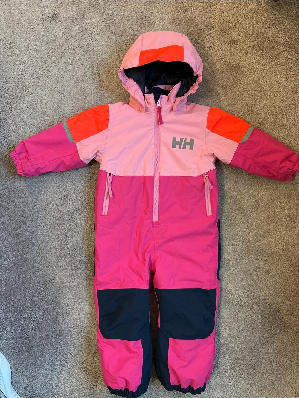 Helly Hansen Pink and Neon Orange Kids Colorblock Ski Suit